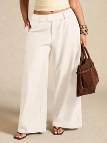 SHEIN BAE Plus Size Women Elegant Asymmetric Suit Pants, Office Wear Long Trousers, Autumn/Winter Fall - White - View 2