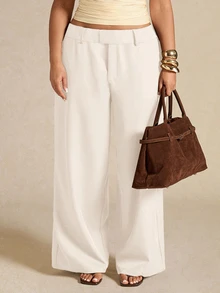 SHEIN BAE Plus Size Women Elegant Asymmetric Suit Pants, Office Wear Long Trousers, Autumn/Winter Fall - White - View 3
