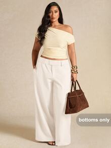 SHEIN BAE Plus Size Women Elegant Asymmetric Suit Pants, Office Wear Long Trousers, Autumn/Winter Fall - White - View 1