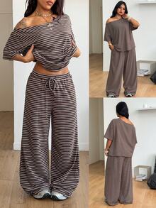 Coolane Women's Plus Size Summer Fall Casual Streetwear Elegant Basic Office Traditional Dinner Vacation Brown Stripe Off Shoulder T-Shirt Outfits - Mocha Brown - View 8