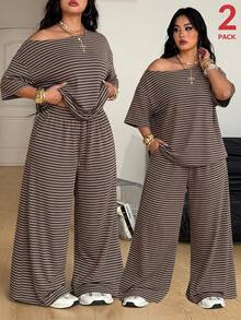 Coolane Women's Plus Size Summer Fall Casual Streetwear Elegant Basic Office Traditional Dinner Vacation Brown Stripe Off Shoulder T-Shirt Outfits - Mocha Brown - View 3