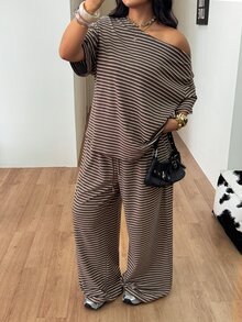 Coolane Women's Plus Size Summer Fall Casual Streetwear Elegant Basic Office Traditional Dinner Vacation Brown Stripe Off Shoulder T-Shirt Outfits - Mocha Brown - View 4