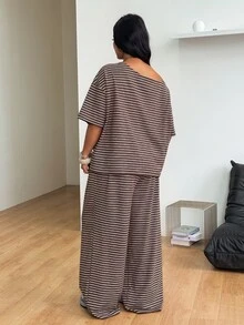 Coolane Women's Plus Size Summer Fall Casual Streetwear Elegant Basic Office Traditional Dinner Vacation Brown Stripe Off Shoulder T-Shirt Outfits - Mocha Brown - View 6
