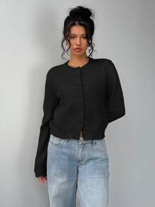 SHEIN Tall CURVE 大尺碼休閒純色圓領長袖寬鬆短版開襟衫 秋冬款 - 黑色 - 查看 8