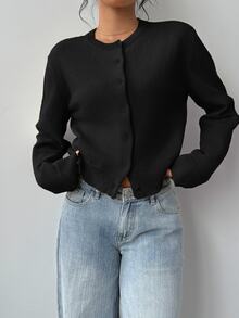 SHEIN Tall CURVE 大尺碼休閒純色圓領長袖寬鬆短版開襟衫 秋冬款 - 黑色 - 查看 4