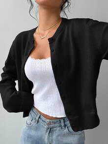 SHEIN Tall CURVE 大尺碼休閒純色圓領長袖寬鬆短版開襟衫 秋冬款 - 黑色 - 查看 6