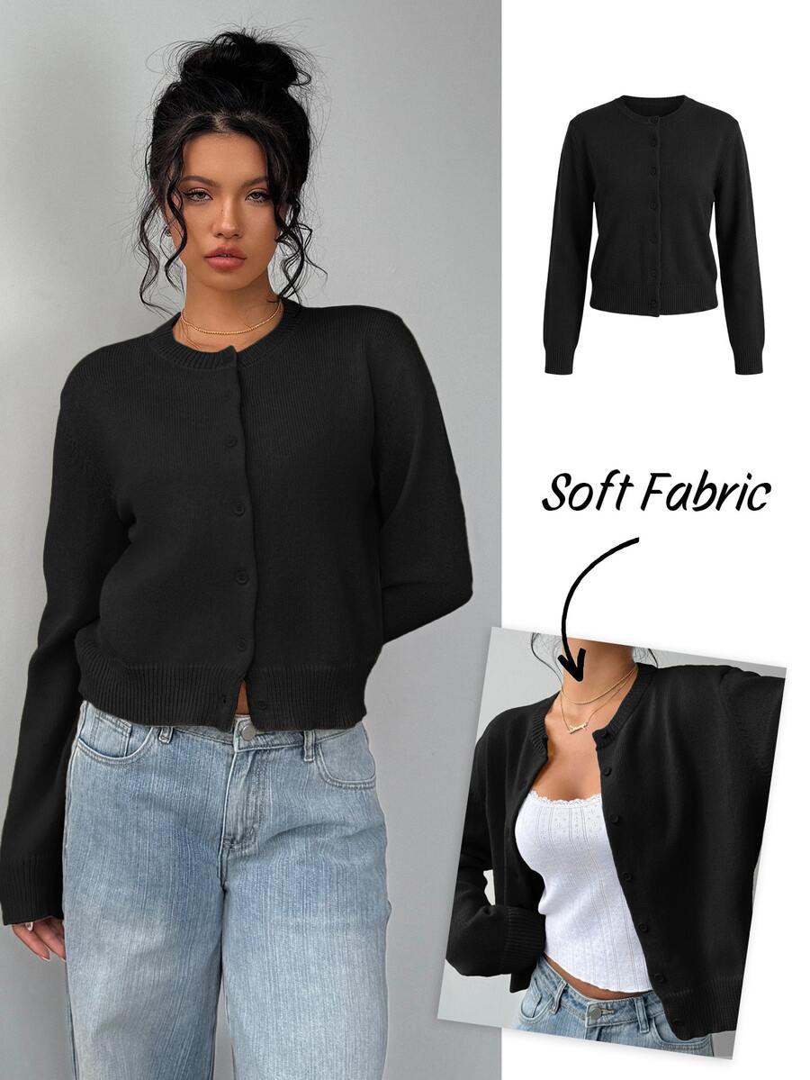 SHEIN Tall CURVE Plus Size Casual Solid Color Round Neck Long Sleeve Loose Cropped Cardigan Autumn Winter