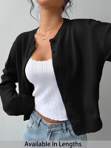 SHEIN Tall CURVE 大尺碼休閒純色圓領長袖寬鬆短版開襟衫 秋冬款 - 黑色 - 查看 2
