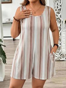 Comfylo Plus Size Women's White Colorblock Casual Modest Daily Wear Romper Holiday Office Summer - Multicolor - View 4