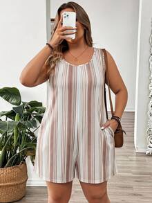 Comfylo Plus Size Women's White Colorblock Casual Modest Daily Wear Romper Holiday Office Summer - Multicolor - View 5
