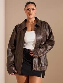 SHEIN BAE Plus Size Fashionable Retro Dropped Shoulder Loose Jacket,Fall Clothes For Women Winter - Brown - View 5