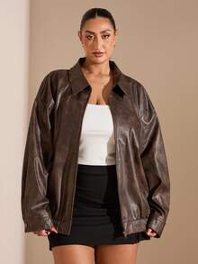 SHEIN BAE Plus Size Fashionable Retro Dropped Shoulder Loose Jacket,Fall Clothes For Women Winter - Brown - View 6