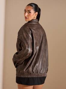 SHEIN BAE Plus Size Fashionable Retro Dropped Shoulder Loose Jacket,Fall Clothes For Women Winter - Brown - View 3