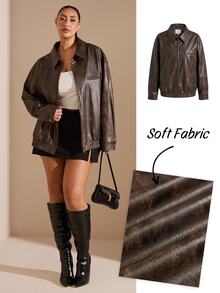 SHEIN BAE Plus Size Fashionable Retro Dropped Shoulder Loose Jacket,Fall Clothes For Women Winter - Brown - View 9