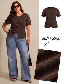Elaquor Plus Size Casual Soft Form Smart Versatile Solid Color Short Sleeve Cardigan Autumn Homewear Vacation Brown - Coffee Brown - View 7