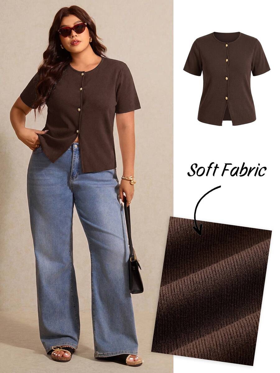 Elaquor Plus Size Casual Soft Form Smart Versatile Solid Color Short Sleeve Cardigan Autumn Homewear Vacation Brown - Coffee Brown - View 1