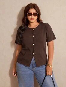 Elaquor Plus Size Casual Soft Form Smart Versatile Solid Color Short Sleeve Cardigan Autumn Homewear Vacation Brown - Coffee Brown - View 6