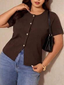 Elaquor Plus Size Casual Soft Form Smart Versatile Solid Color Short Sleeve Cardigan Autumn Homewear Vacation Brown - Coffee Brown - View 5