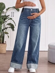 SHEIN 孕婦寬腿寬鬆休閒百搭牛仔褲 - 藍色 - 查看 5