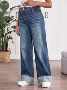 SHEIN 孕婦寬腿寬鬆休閒百搭牛仔褲 - 藍色 - 查看 7