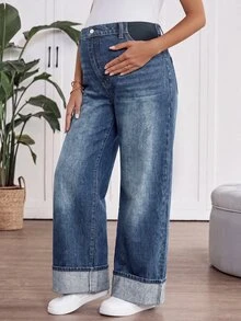 SHEIN 孕婦寬腿寬鬆休閒百搭牛仔褲 - 藍色 - 查看 2