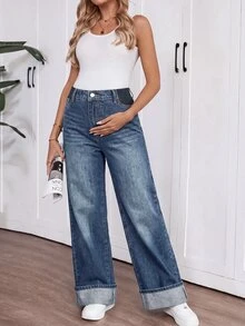 SHEIN 孕婦寬腿寬鬆休閒百搭牛仔褲 - 藍色 - 查看 3