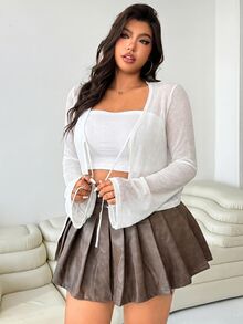 Solflare Plus Size Women's Spring/Summer Casual Vacation Daily Commute Minimalist Versatile Solid Color Front Tie Cropped Semi-Sheer Cardigan Fall - White - View 5