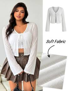 Solflare Plus Size Women's Spring/Summer Casual Vacation Daily Commute Minimalist Versatile Solid Color Front Tie Cropped Semi-Sheer Cardigan Fall - White - View 8