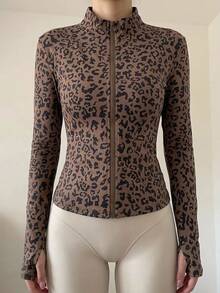 DAZY Women Fashionable Slim Fit Stand Collar Leopard Print Jacket With Zipper,Fall Clothes - Brown - View 1