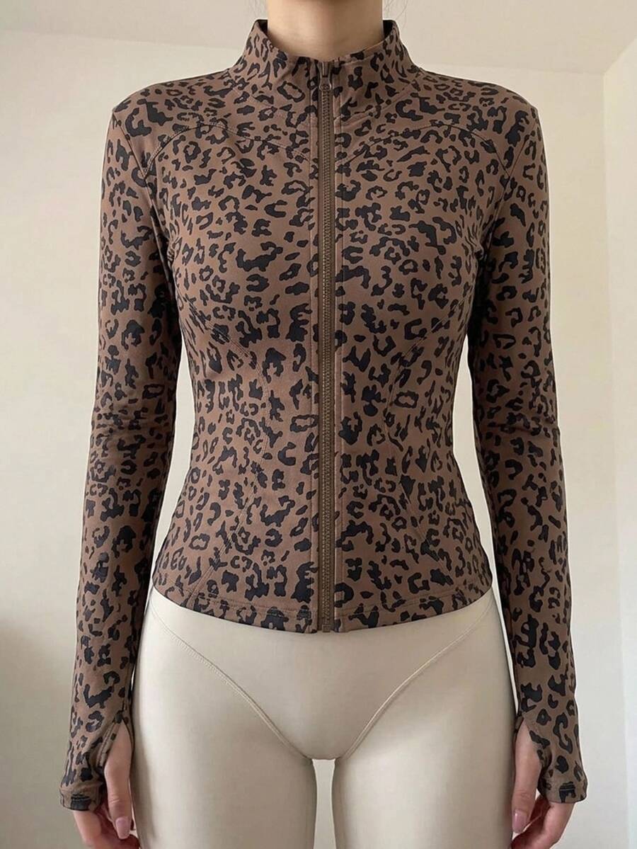 DAZY Women Fashionable Slim Fit Stand Collar Leopard Print Jacket With Zipper,Fall Clothes - Brown - View 1