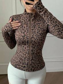 DAZY Women Fashionable Slim Fit Stand Collar Leopard Print Jacket With Zipper,Fall Clothes - Brown - View 9