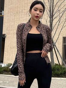 DAZY Women Fashionable Slim Fit Stand Collar Leopard Print Jacket With Zipper,Fall Clothes - Brown - View 3