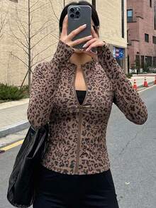 DAZY Women Fashionable Slim Fit Stand Collar Leopard Print Jacket With Zipper,Fall Clothes - Brown - View 6