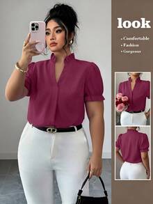Elenzga Plus Size Premium Elegant Commuter Solid Color Turn Collar Blouse - Purple - View 1