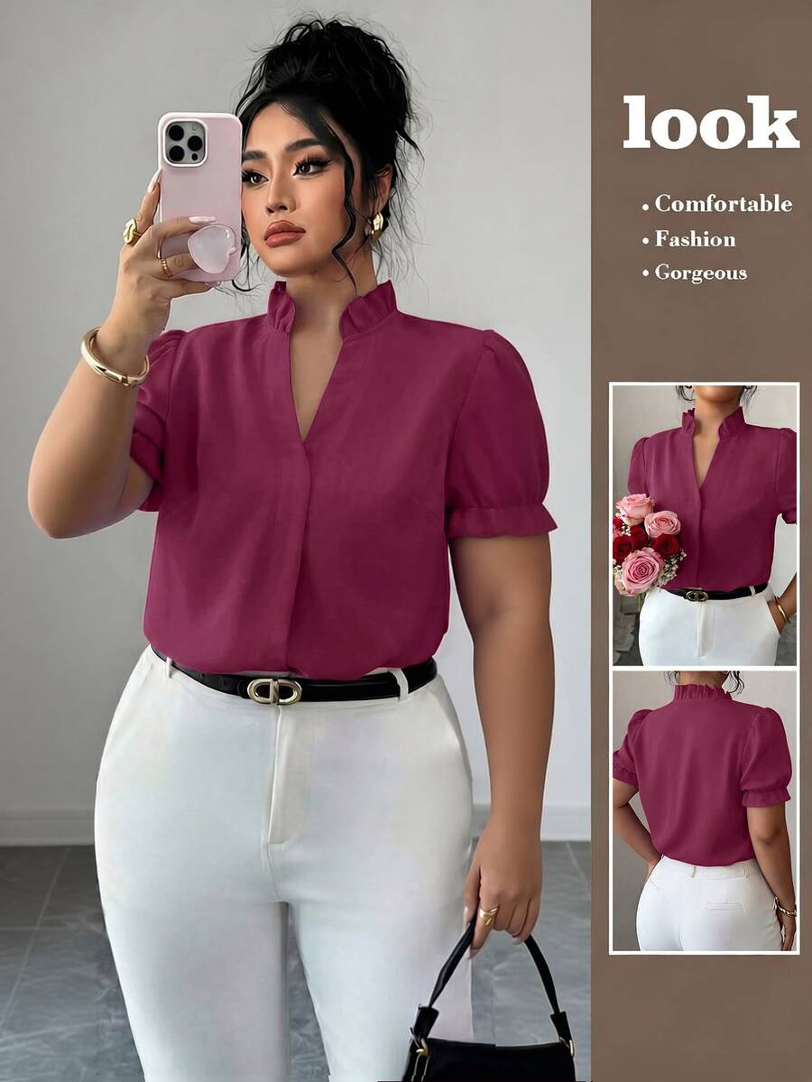 Elenzga Plus Size Premium Elegant Commuter Solid Color Turn Collar Blouse - Purple - View 1