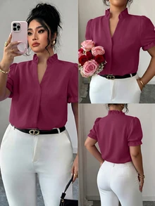 Elenzga Plus Size Premium Elegant Commuter Solid Color Turn Collar Blouse - Purple - View 3