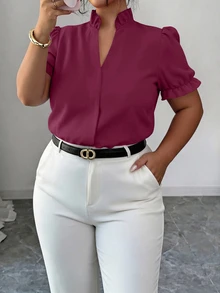 Elenzga Plus Size Premium Elegant Commuter Solid Color Turn Collar Blouse - Purple - View 4