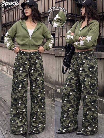 SHEIN Teen Girls Outerwear Co-Ords, Teen Girl Army Green Short Zip-Up Hoodie With White Five-Point Star Print On Sleeves, Fall Winter, Casual, Autumn, Pants