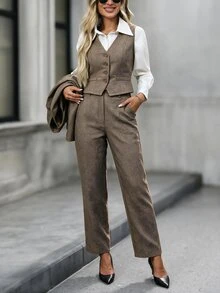 EMERY ROSE Women's Solid Color Single-Breasted Lapel NeckJacket, Vest And Pants Casual Suit Set Autumn Winter - Khaki - View 7