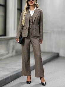 EMERY ROSE Women's Solid Color Single-Breasted Lapel NeckJacket, Vest And Pants Casual Suit Set Autumn Winter - Khaki - View 10