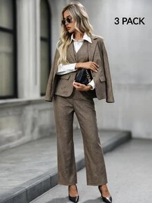 EMERY ROSE Women's Solid Color Single-Breasted Lapel NeckJacket, Vest And Pants Casual Suit Set Autumn Winter - Khaki - View 3
