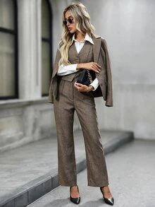 EMERY ROSE Women's Solid Color Single-Breasted Lapel NeckJacket, Vest And Pants Casual Suit Set Autumn Winter - Khaki - View 5
