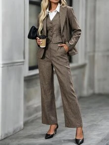 EMERY ROSE Women's Solid Color Single-Breasted Lapel NeckJacket, Vest And Pants Casual Suit Set Autumn Winter - Khaki - View 9