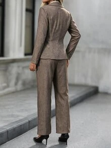 EMERY ROSE Women's Solid Color Single-Breasted Lapel NeckJacket, Vest And Pants Casual Suit Set Autumn Winter - Khaki - View 2