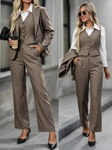 EMERY ROSE Women's Solid Color Single-Breasted Lapel NeckJacket, Vest And Pants Casual Suit Set Autumn Winter - Khaki - View 6