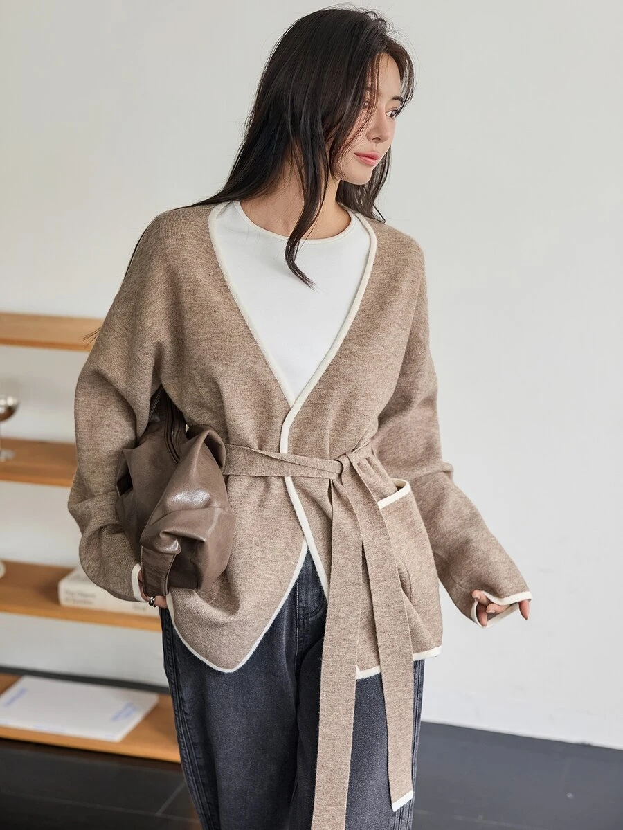 Dazy-Less Women's V-Neck Casual Minimalist Elegant Versatile Daily Cardigan Autumn Office Brunch White - Coffee Brown - View 1