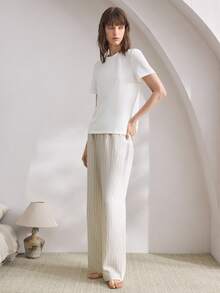 Ocili Cotton Comfortable T-Shirt & Soft Linen Pajama Pants Sleepwear Set For Women - White - View 4