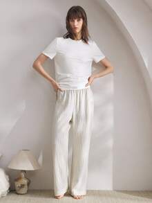 Ocili Cotton Comfortable T-Shirt & Soft Linen Pajama Pants Sleepwear Set For Women - White - View 5