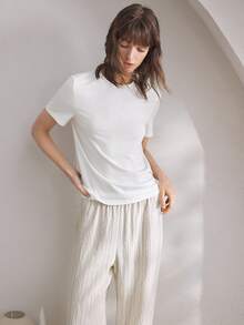 Ocili Cotton Comfortable T-Shirt & Soft Linen Pajama Pants Sleepwear Set For Women - White - View 2