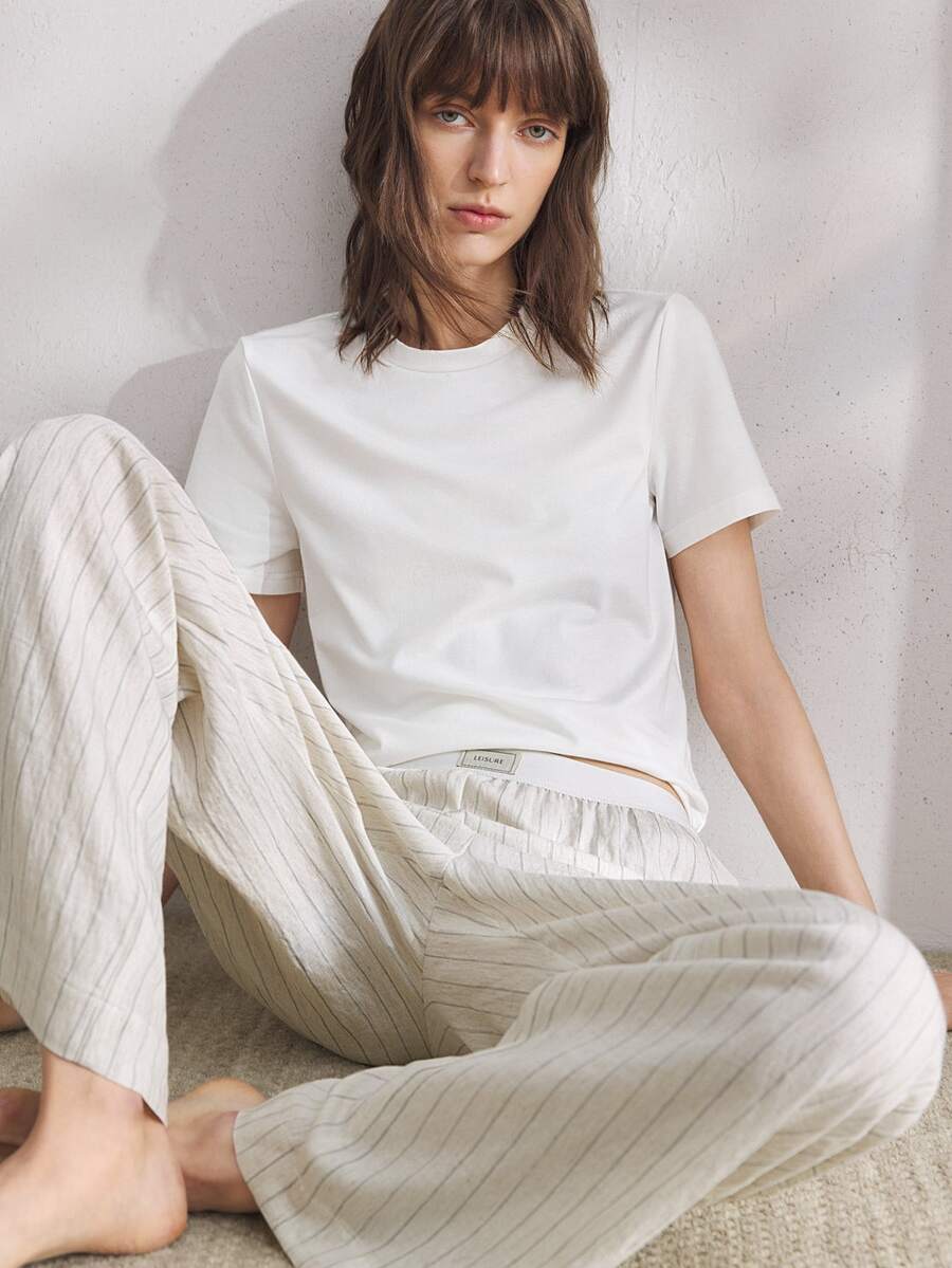 Ocili Cotton Comfortable T-Shirt & Soft Linen Pajama Pants Sleepwear Set For Women - White - View 1